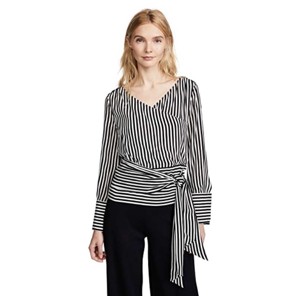 ALICE + OLIVIA SILK ALBA STRIPED TIE BLOUSE SIZE LARGE